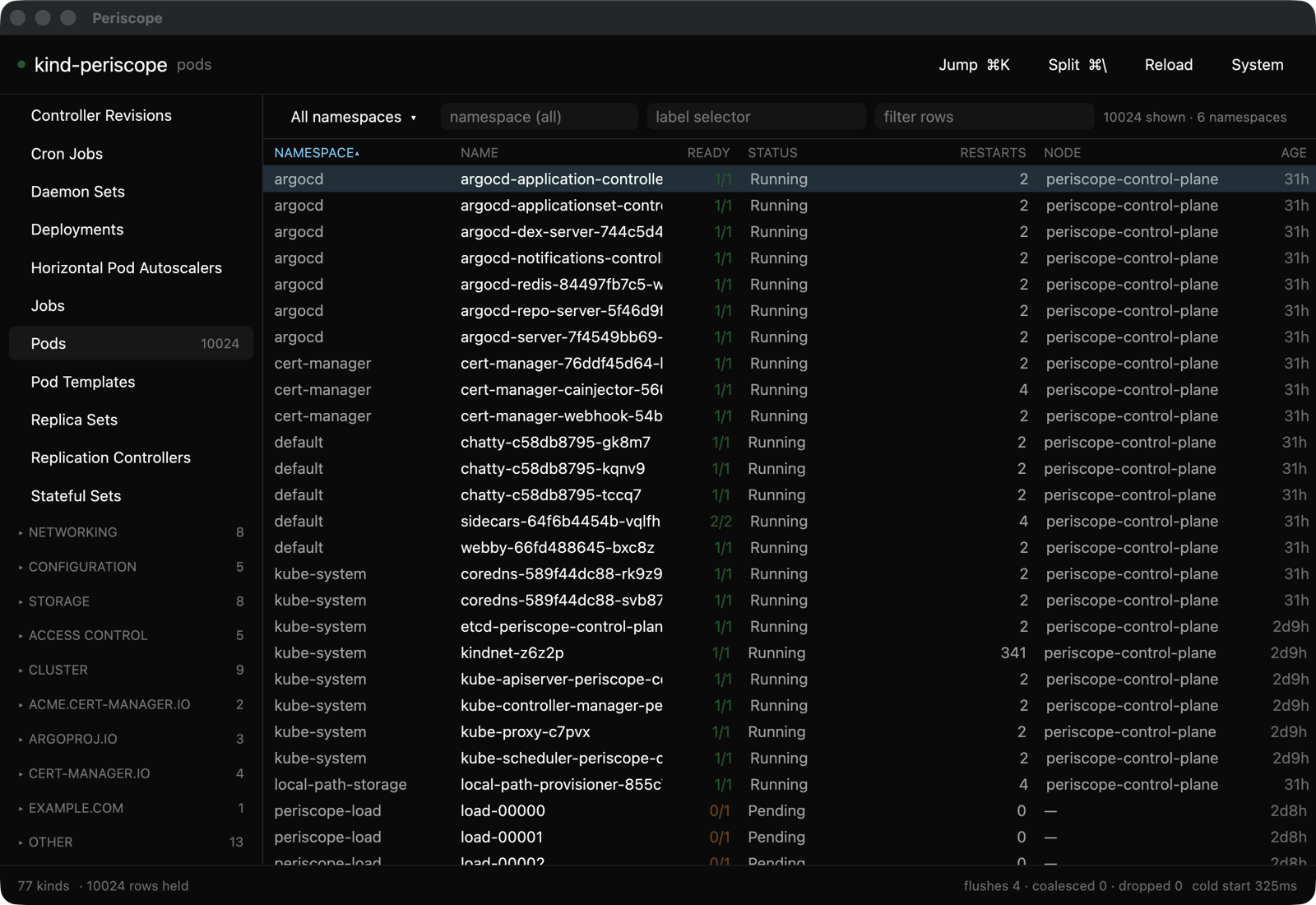 Periscope showing pods across six namespaces, with a sidebar listing every kind the cluster serves.